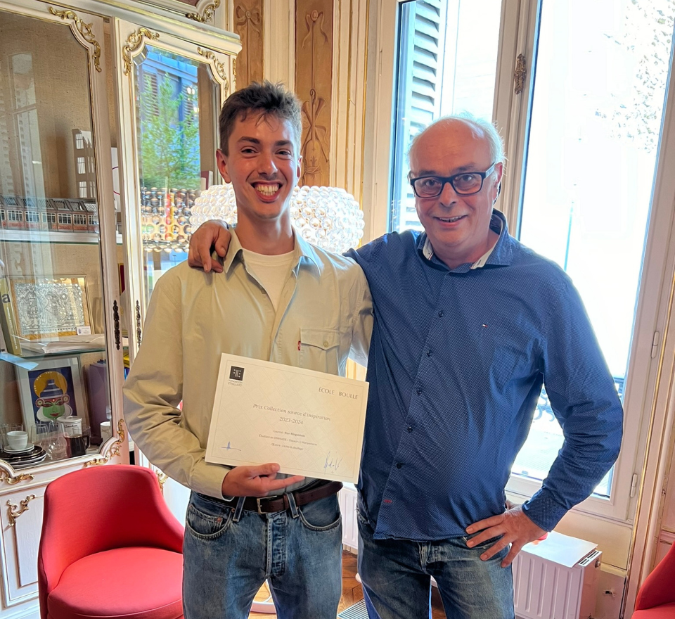 Karl Ringelstein et son professeur de marqueterie à l'Ecole Boulle, Jean-Yves Richard